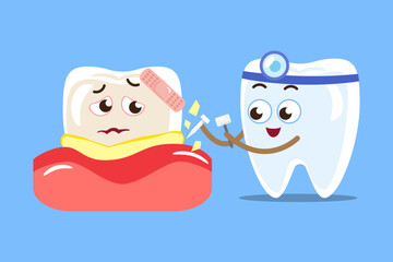 Dental scaling . Tooth in dentist uniform is cleaning tartar . Cartoon characters . Vector .