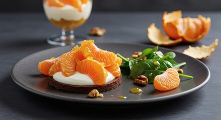 Tangerine Dream Tart with Dessert, and and Salad on Dark Background.