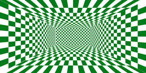 Abstract green and white checkered background. Geometric pattern with visual distortion effect. Checkered wave black white background for sport race championship and business finish success. vector