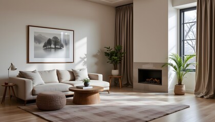 a modern living room with large windows showcasing daylight, a cozy fireplace, and a contemporary in