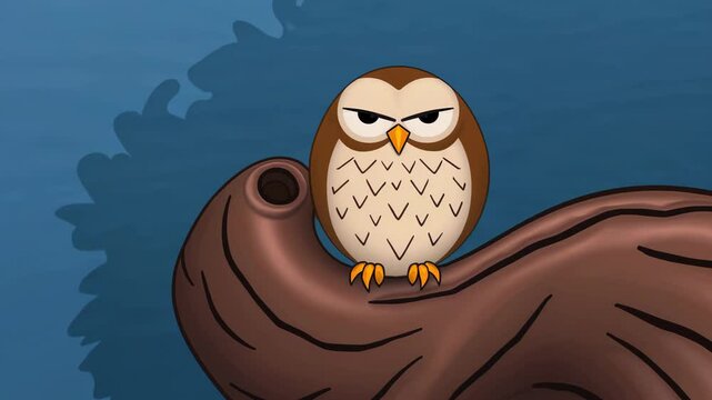 Grumpy cartoon owl perched on twisted tree branch against a dark blue forest background

