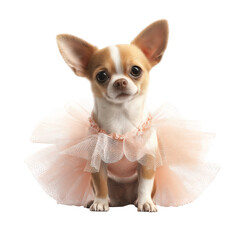 Cute dog wearing pink tutu outfit, showcasing cartoonish expression. small breed has large ears and playful demeanor, making it adorable sight
