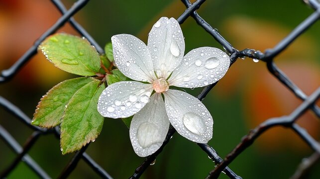 Delicate white flower with water droplets, nestled between metal chain-link fence, vibrant background - Powered by Adobe
