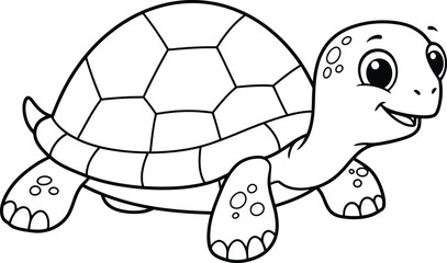 Coloring page of cartoon cute happy turtle for design element. Vector illustration of funny sea animal on a white background. Сhildren's coloring book with color example.