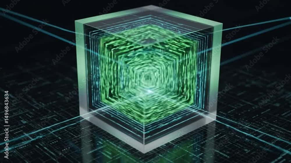 Poster illuminated cube with abstract tunnel effect on digital grid