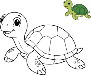 Coloring page of cartoon cute happy turtle for design element. Vector illustration of funny sea animal on a white background. Сhildren's coloring book with color example.