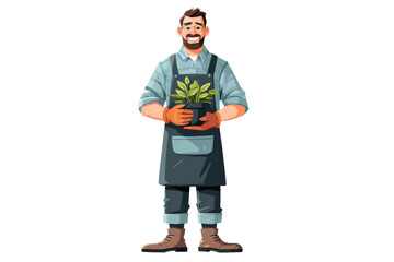 A cheerful gardener in an apron holds a potted plant, showcasing a passion for horticulture, Isolated on transparent Background