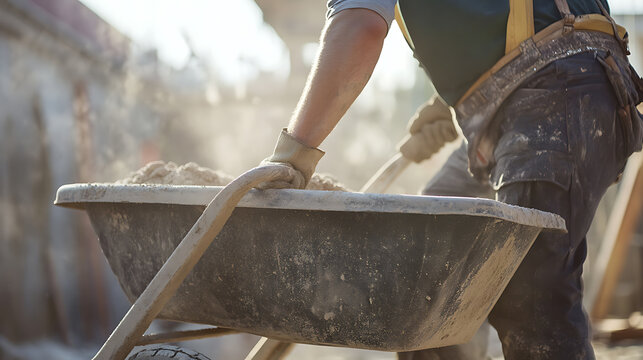 Construction Worker Pushing a Wheelbarrow Filled with Sand