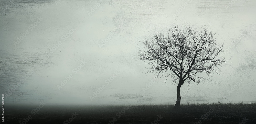 Poster this image shows a lone bare tree against a dark sky and ground, creating a desolate and contemplati