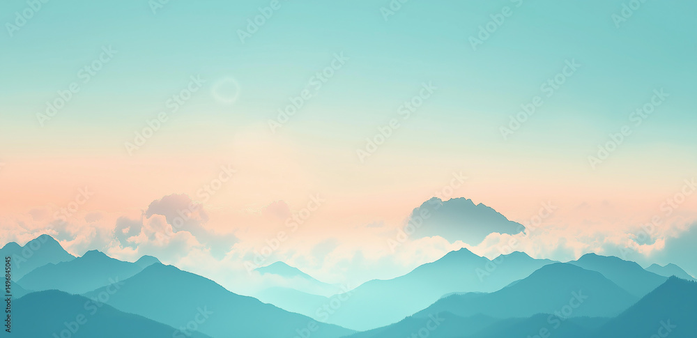 Aufkleber this image shows a tranquil mountain range with peaks appearing and disappearing in mist, with the s