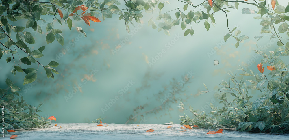 Poster this image shows a path covered with leaves and petals, surrounded by dense trees and mist, creating