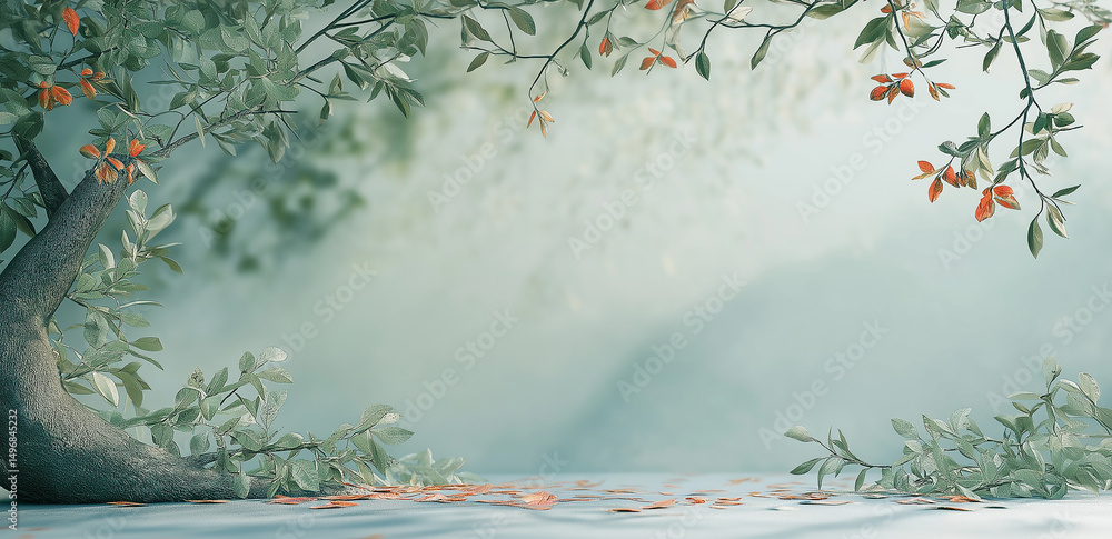 Poster this image shows a path covered with leaves and petals, surrounded by dense trees and mist, creating
