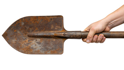 hand holding a rusty shovel isolated