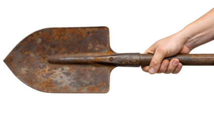 hand holding a rusty shovel isolated