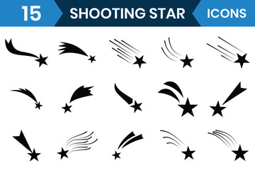 Shooting stars icon vector set design. Meteorite and flying comet symbols with tail. Silhouette of shooting star,  falling meteor, abstract galaxy element. Vector illustration.