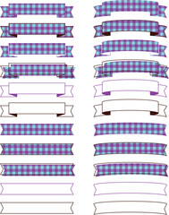 Fototapeta premium A simple ribbon frameset with a gingham check ornament and decoration, purple, lite blue, cyaan / シンプルなリボンフレームセット ギンガムチェック 飾り 装飾 枠 バナー デザイン 紫 水色