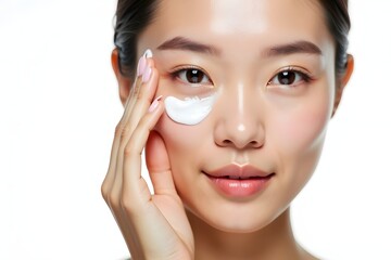 Face cream asia woman applying skin cream under eyes.