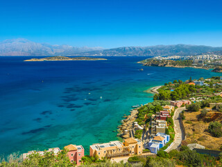 View of Candia, Havania and Mirabello beaches with offshore Agioi Pantes Island (Agios Nikolaos, Crete, Greece)