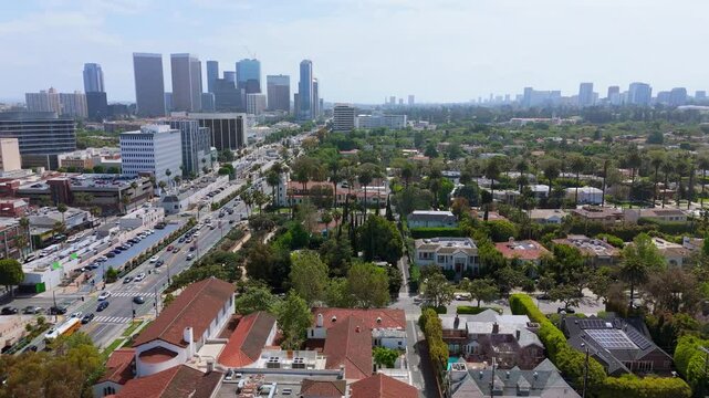 Forward Drone Flight Over Santa Monica Boulevard Toward Century City Skyline