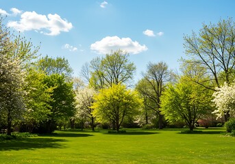 Sunny landscape showcasing a vivid green field leading to blurred trees and a bright blue sky, with visible lens flare