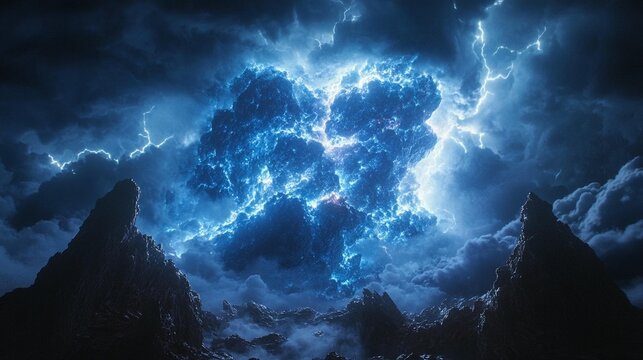 Dramatic storm clouds with intense lightning over dark mountains.  Massive, glowing, electric clouds fill the sky above jagged peaks