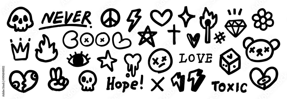 Fototapete hand drawn doodle elements set in black with brush texture including skull flames hearts dice lightn