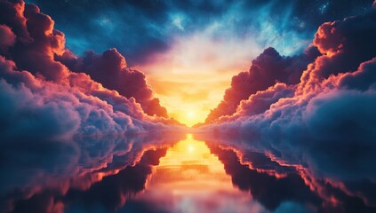 Fototapeta premium Sunrise through vibrant clouds, reflected