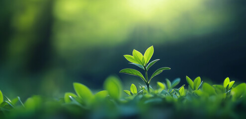  A tender green sprout grows vigorously under the sun, with a blurred green grass background, symbolizing new life and hope.