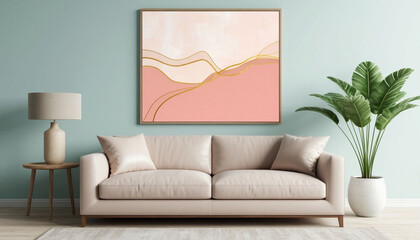 Fototapeta premium Minimalist interior wall with sofa and abstract painting, 3D rendering. Generated by AI.