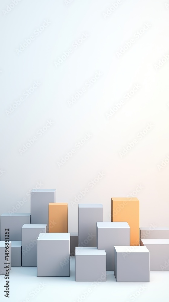 Poster minimalist geometric blocks in white and gold are arranged against a light gradient background, crea