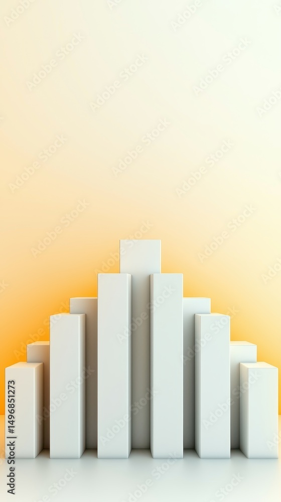 Poster minimalist white 3d bar graph with a gradient yellow background, displaying a symmetrical data visua