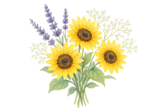Hand-painted watercolor bouquet with sunflowers, lavender and baby&rsquo;s breath, isolated on white