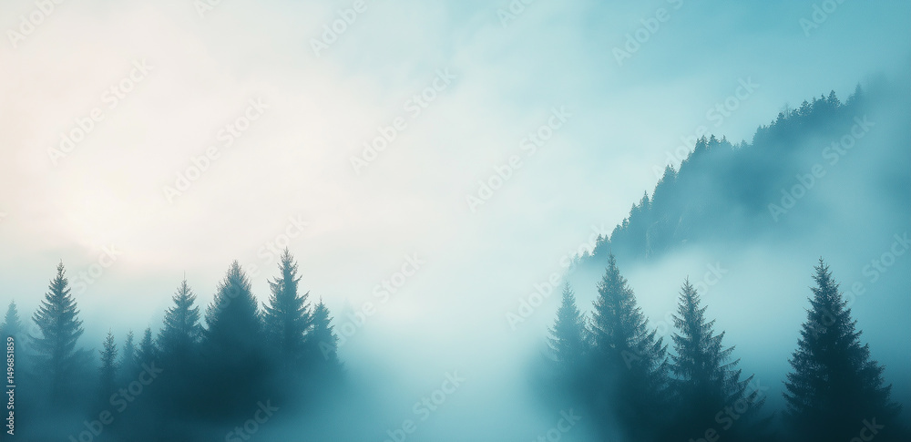 Poster in a forest shrouded by mist, trees appear and disappear, with distant mountains faintly visible, cr