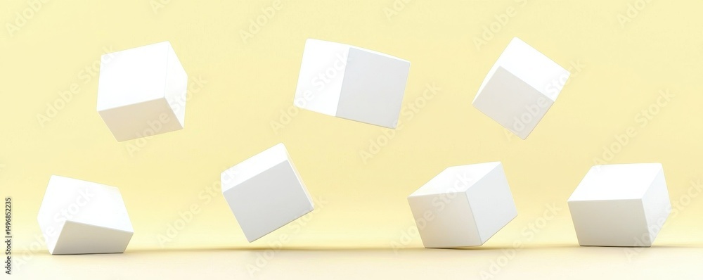 Poster six white cubes are floating and tumbling against a soft yellow background in a minimalistic scene.
