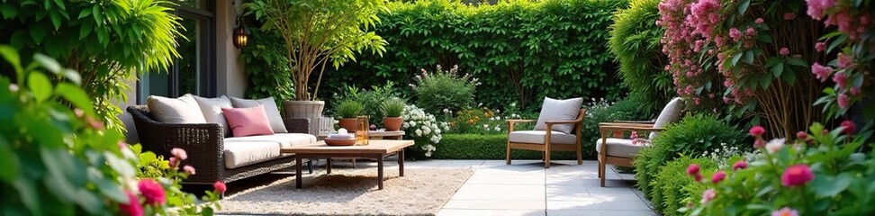 Obraz premium Serene patio garden oasis with lush greenery, blooming flowers, and comfortable seating Perfect for relaxation and outdoor entertaining , groundcover, design