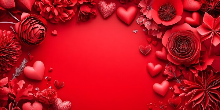 Red Paper Flowers and Hearts Valentine's Day Background