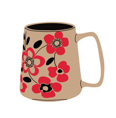 Ceramic mug with floral pattern. Modern tea or coffee cup decorated with flowers. Cute crockery, stylish pottery, kitchen decor. Flat vector illustration isolated on transparent background
