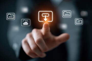 File Download and Data Transfer Concept. Woman tap download icon on smartphone with folder icons, symbolizing document file downloading, data management, and cloud technology on mobile devices.