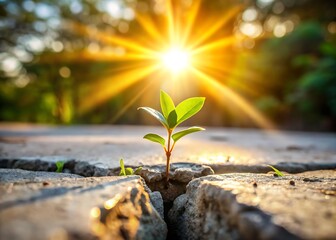 Small green plant growing through cracked concrete surface with bright sunlight shining behind, symbolizing resilience and new life
