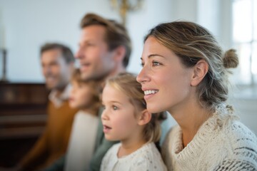 Obraz premium Happy Family Attending a Church Service, Showing Togetherness and Faith-Based Community Engagement, Representing Love and Support : Generative AI