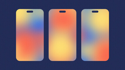The minimalistic three mobile screen shapes backdrop with colorful gradient and grainy effect. Abstract trendy design card with copyspace area for captions.