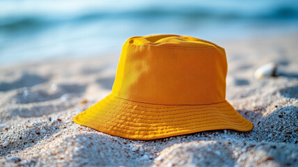Yellow bucket hat on sandy beach with ocean in background.
