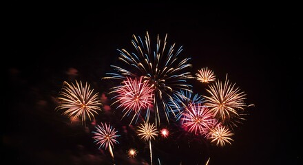 Vibrant explosion of celebratory fireworks illuminates the dark sky