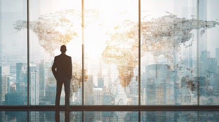 Fototapeta premium Business Leader Gazing Through Tall Window Over Cityscape Views