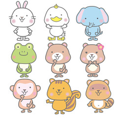 Playful Cartoon Animal Grid: Rabbit, Duck, Elephant, Frog, Bear, Monkey, Squirrel, Raccoon in Minimalist Pastel Palette for Kids' Design