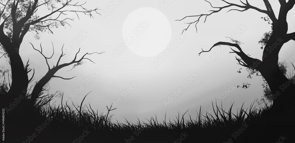Poster silhouettes of withered trees under moonlight create a mysterious and serene atmosphere, as if telli