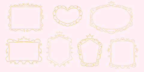 Princess cute pink frame sketch with crown swirl decorations. Simple doodle hand drawn border. Whimsical elegant vintage.