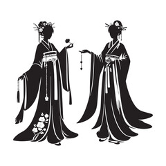 Fototapeta premium Graceful Hanfu Dress Vector Silhouette – Ancient Chinese Traditional Attire, Flowing Robes, Elegant Patterns, Cultural Heritage, and Timeless Beauty in Minimalist Art. 