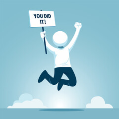 Flat faceless character jumping with joy, holding a “You Did It!” sign. Sky blue background, full of celebration energy. Clean and minimal vector style.