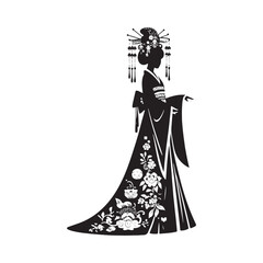 Graceful Hanfu Dress Vector Silhouette – Ancient Chinese Traditional Attire, Flowing Robes, Elegant Patterns, Cultural Heritage, and Timeless Beauty in Minimalist Art.
